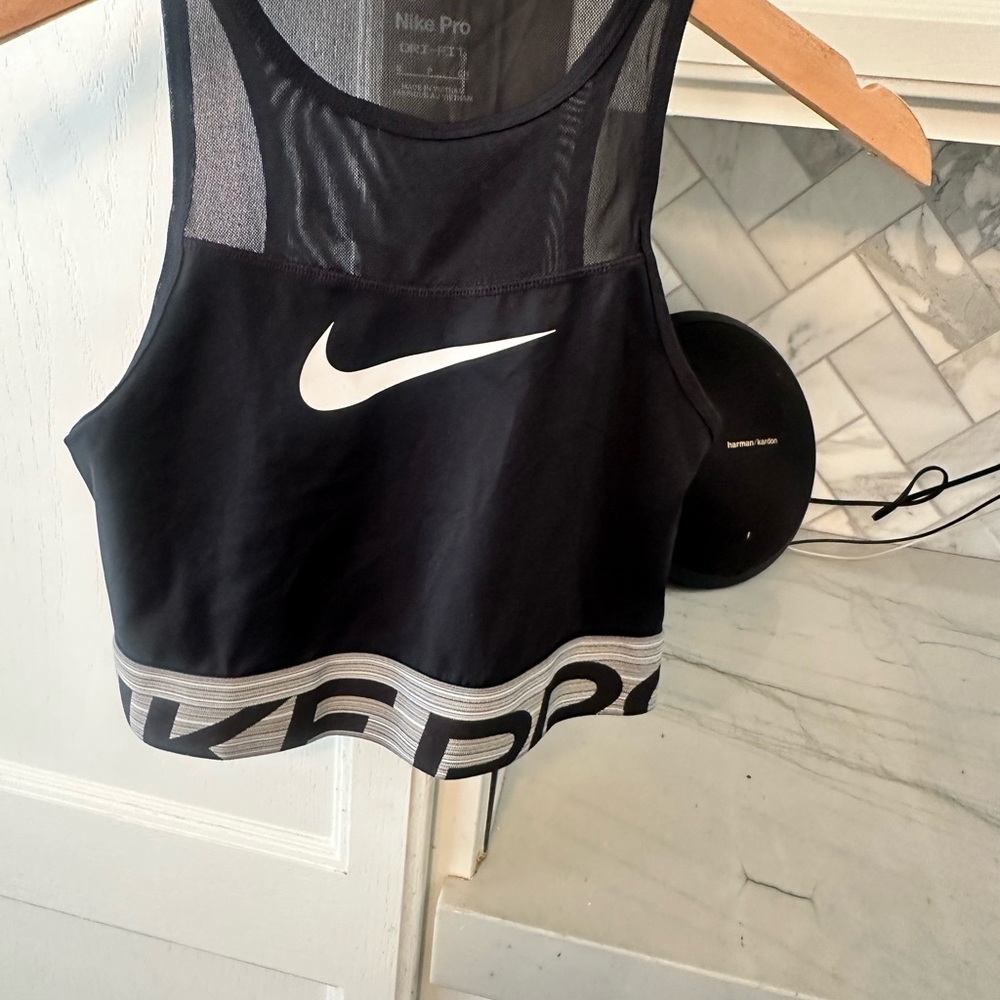Nike Pro Black Mesh Sports Bra Top with White Swoosh